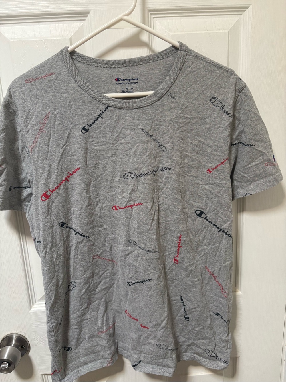Champion Grey Short Sleeve Tee with Red & Navy Logo Print